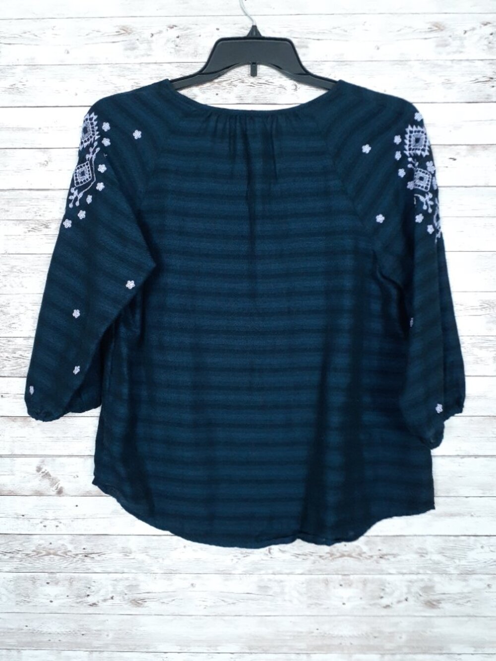 J Jill Embroidered Peasant Top S Boho 3/4 Sleeve Notch Neck Navy Stripe 957A - Picture 3 of 6